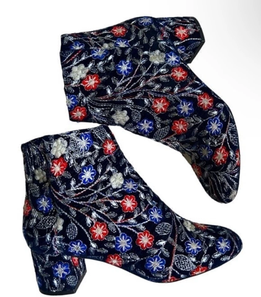 Botín Aquazzura Brooklyn Flor Bordado Terciopelo Azul Marino 6 Foto 2 de 4