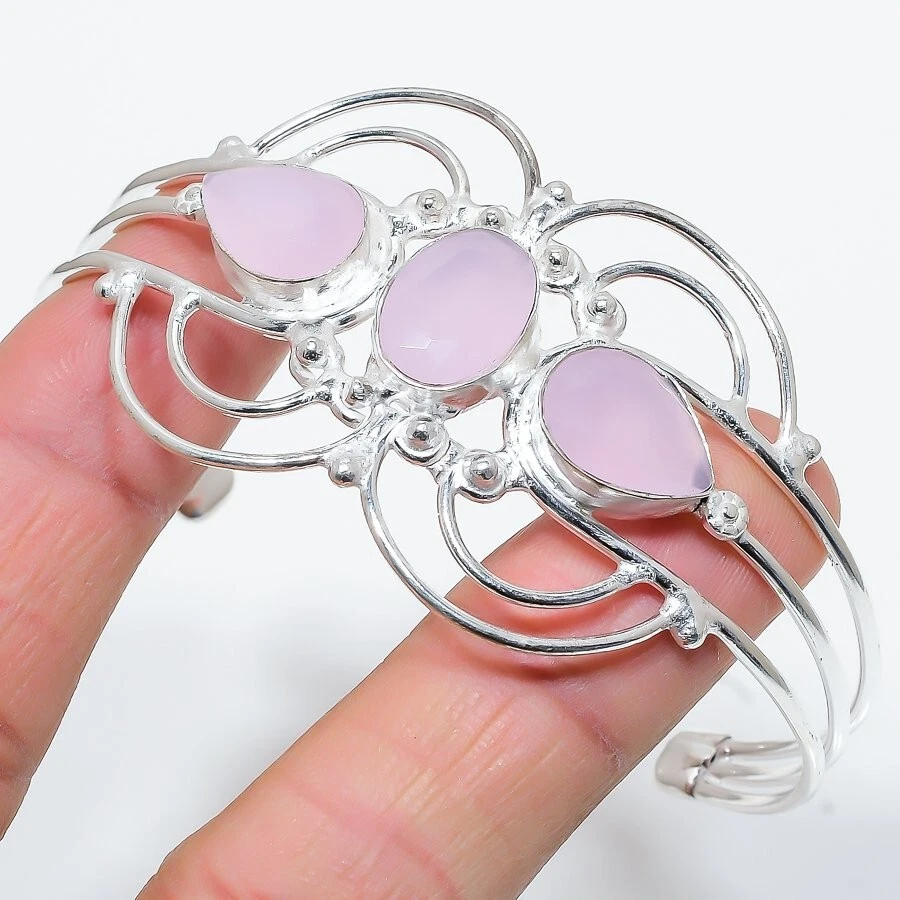 VALENTINO Bracciale in argento sterling 925 fatto a mano con pietre preziose quarzo rosa regolabile