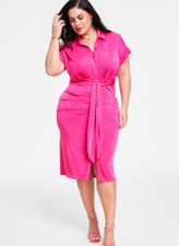 Nina Parker Women's Pink Trendy Plus Size Tie-Front Ruched Shirtdress, 3X