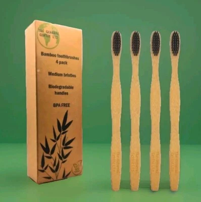 THE GENERAL CENTRE Bamboo Toothbrush Biodegradable Natural Wooden 4 Pack Eco Medium Waved Bristles