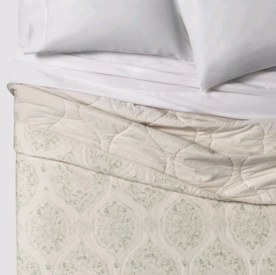 Edredón Threshold Green Off-White Damasco Mezcla de Lino FULL QUEEN Foto 2 de 4