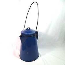 Vintage Blue Speckled Enamel Camping Percolator Coffee Pot Rustic Kitchen Decor