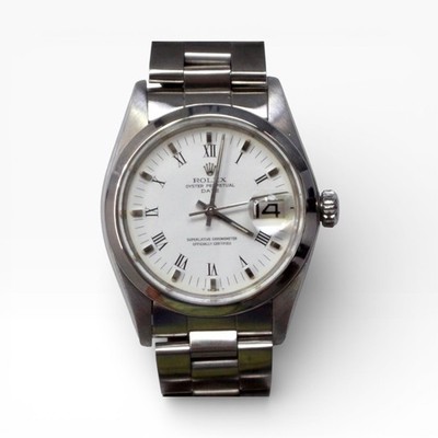 Rolex Date 34 mm Steel White Roman Oyster Automatic Watch 1500 Circa 1975
