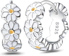 S925 Sterling Silver Small Daisy Hoop Earrings White Simple Drip Glue Flower Ear