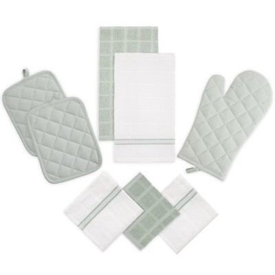 Kitchen Towel and Dishcloth Set of 8 with Oven Mitt and Pot Holder in Sage Green
