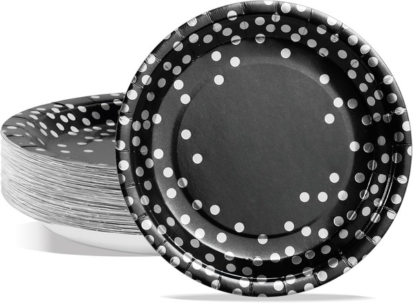 Pappteller 50 StüCk 18 Cm Einweg Schwarz Silber Partygeschirr Kindergeburtstag-image