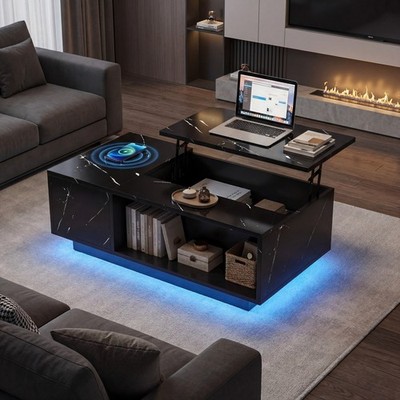 Modern Lift-Top Coffee Table with Wireless Charging Bluetooth Speaker, USB & LED