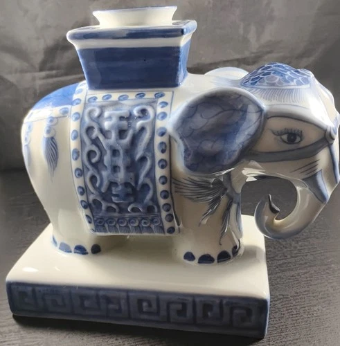 Nora Fenton Elephant - Hand painted In Thailand - Blue & White - Candle Holder
