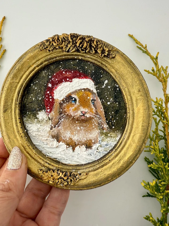 Small oil painting | Vintage Christmas Bunny  | Round ribbon frame | unique gift - Image 2 of 4