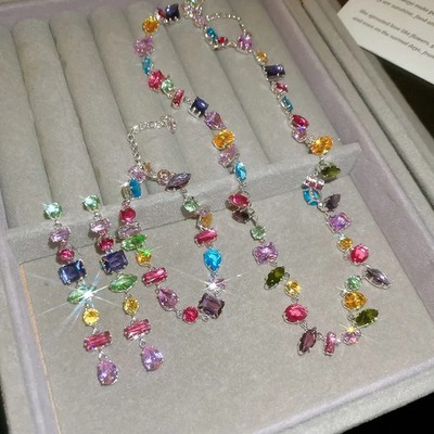Rainbow Candy Necklace Set Crystal Bone Pendant Earrings Bracelets Fashion Women