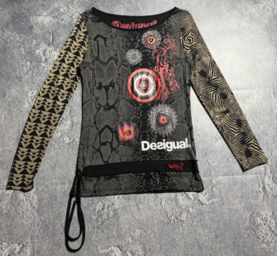 Desigual Long Sleeve Top Women s M Black Graphic Print Stretch Tie Waist