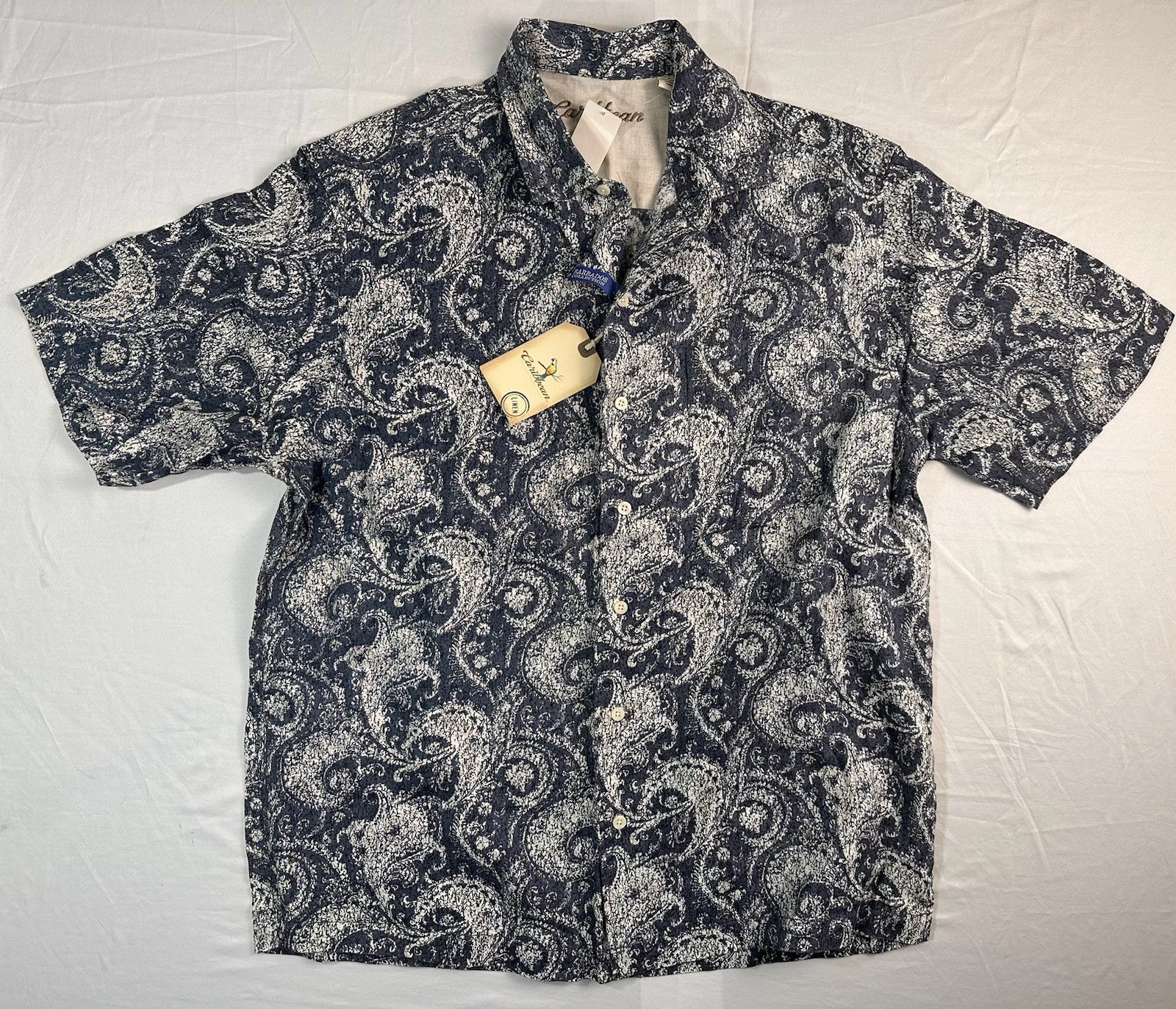 Mens Caribbean Roundtree & Yorke Linen Hawaiian Button Up Shirt Size Large NWT