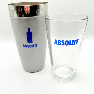 Absolut Vodka 2-Piece Boston Shaker, 16 oz Mixing Glass & 28 Oz. Shaker NEW