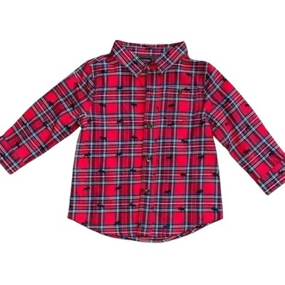 Hatley Boys  Red Christmas Holiday Moose Plaid Button Top 12-18M NWT