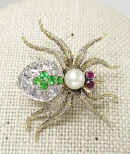 Antique Spider Pin / Brooch 14K White & Yellow Gold Diamond Ruby Green Garnet