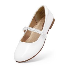 Girls Mary Jane Dress Shoes Ballerina Flats for Wedding, 4 Big Kid White/Pat