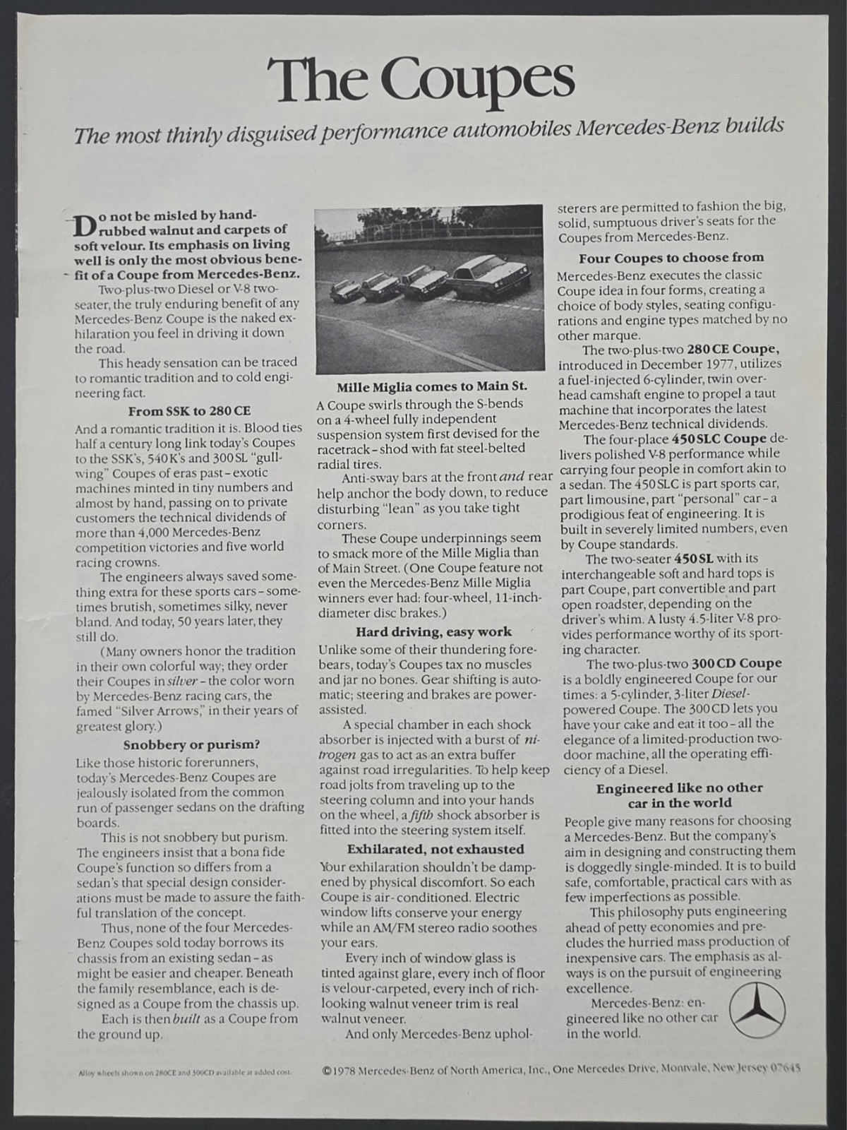 1978 2-Page PRINT AD Mercedes-Benz "THE COUPES" 280CE 450SLC 450SL 300CD