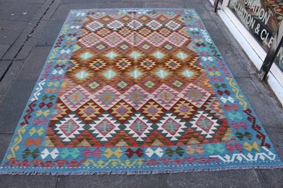 Tapis Kilim Oriental Vintage Fait Main Laine 244x172cm Bleu Rouge - Photo 1/4