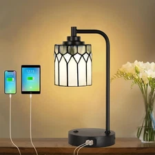 TL0019 Tiffany Table Lamp with 2 USB Charging Ports, Desk Lamp with Geometric...