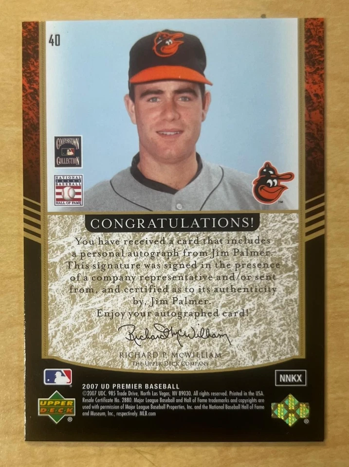 Jim Palmer Auto 6/25 2007 UD Premier #40 Baltimore Orioles Autograph HOF - Image 2 of 2
