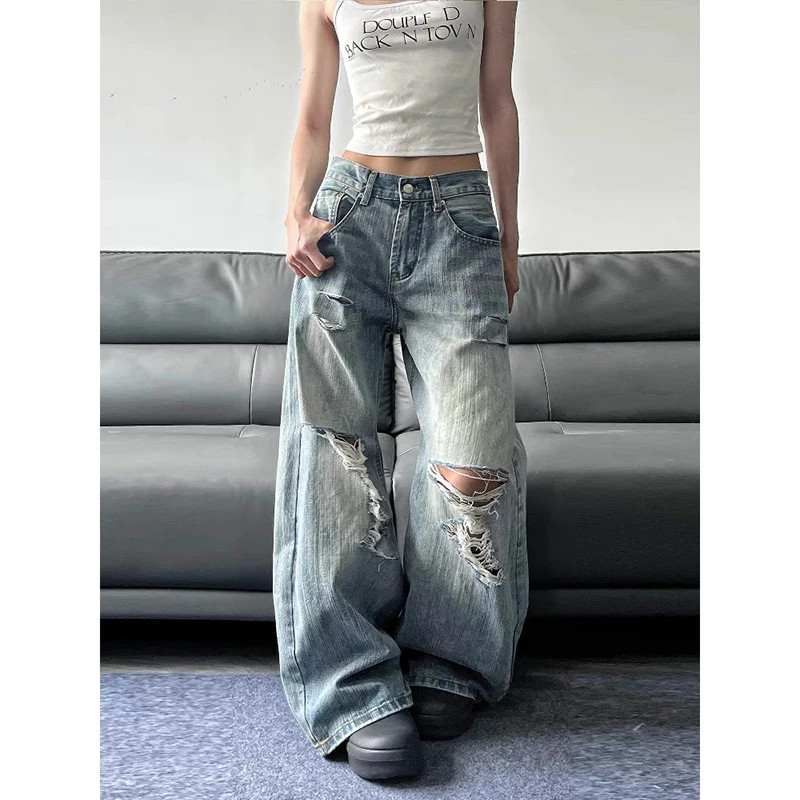2025 Summer High Waist Ripped Women's Blue Jeans American Vintage