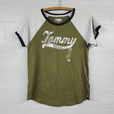 Tommy Hilfiger Tommy Jeans Green Sequins Logo Tshirt Womens Size S NWT