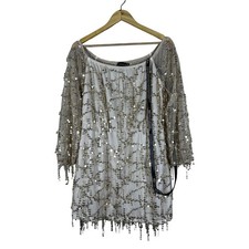 NEW PrettyLittleThing Sequin Mesh Mini Dress Gold Glam Party Fringe Size 10