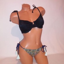 Victoria Secret Swim Bikini 34DD Top Small Bottom Black Blue Paisley String Tie