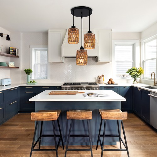 Industrial 3-Light Rattan Pendant Light for Kitchen Island Dining Room Bedroom - Picture 9 of 10