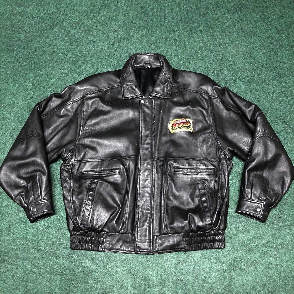 Vintage 90s Team Rooster Chewing Tobacco Leather Biker Jacket