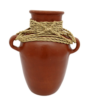 Mexican Red Clay Pottery Water Jug Crock Terracotta Vase Rope Wrap
