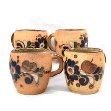 Tonala Set of 4 Coffee Mugs Sandstone Hand-Thrown Painted Mexican Pottery Floral