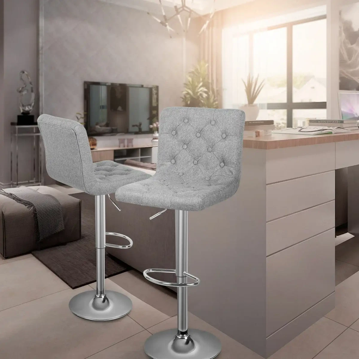 2 Piece Button Tufted Swivel Bar Stool Adjustable Counter Height