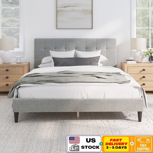 Tufted Queen Platform Bed Adjustable Headboard Upholstered Bed No Box Spring New