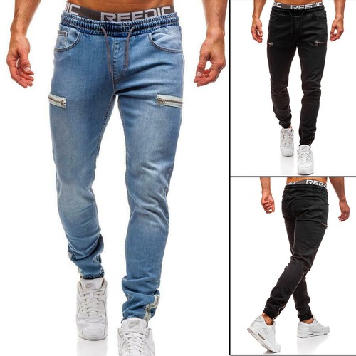 Men's Casual Denim Jeans Jogger Pants Sweatpants Elastic Skinny Workout Trousers - Picture 1 of 9