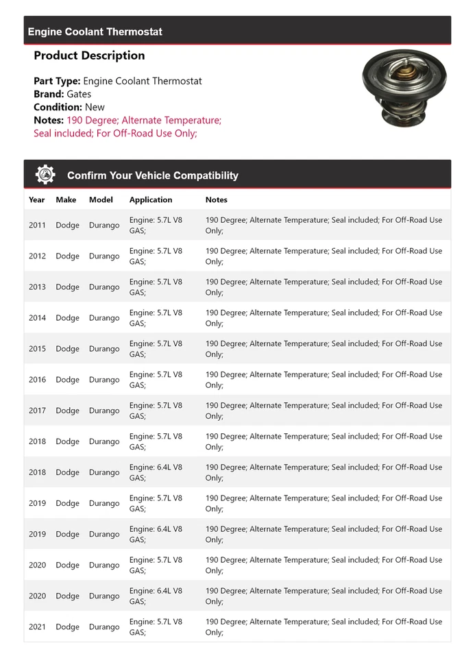 Para Dodge Durango 2011-2021 Motor Refrigerante Termostato Puertas 2012 2013 2014 2015 Foto 2 de 4