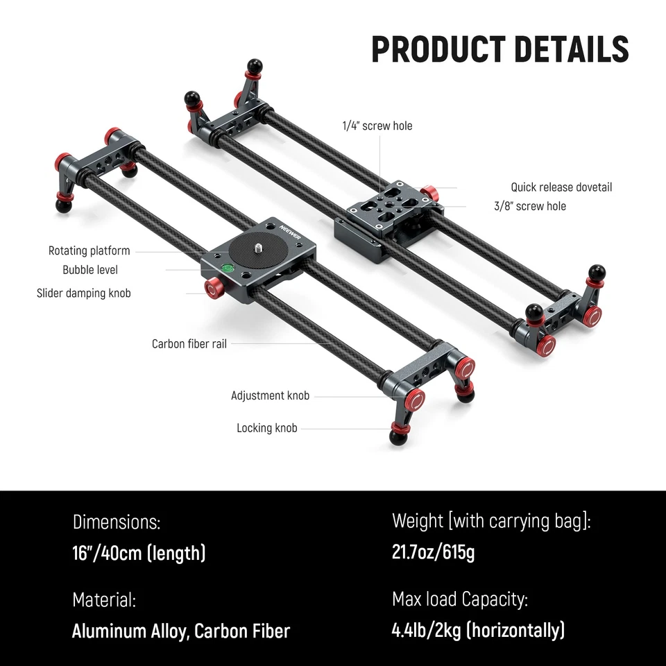NEEWER 16in Carbon Fiber Camera Slider with Ball Head for GoPro iPhone Android - Image 4 of 4