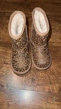 UGG Girls Brown Glitter Animal Print Mid-Calf Boots Lined Wool Rubber Sole
