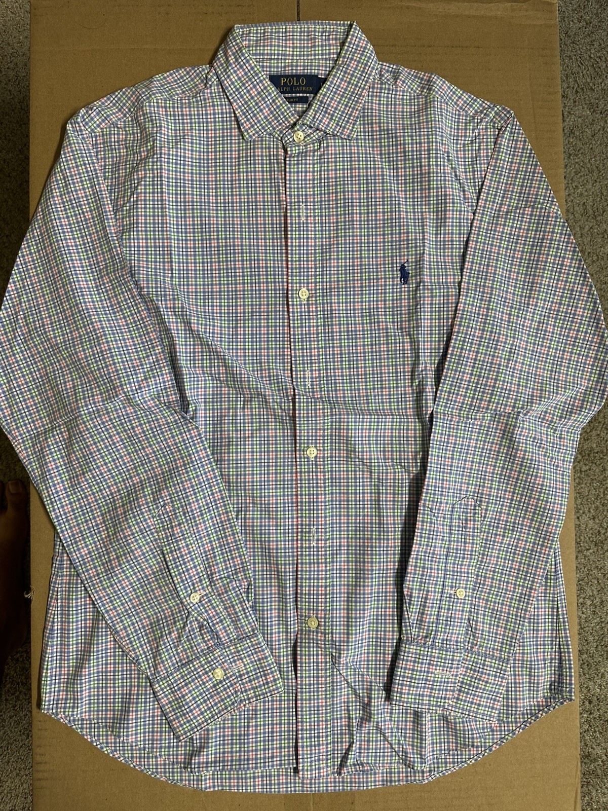 Polo Ralph Lauren Mens L Slim Fit Blue Plaid Long Sleeve Button Up Shirt