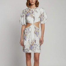 Zimmermann White Floral Print Linen Jude Cutout Mini Dress L
