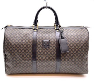 Auth CELINE Black Macadam Leather Travel Duffle Dark Brown Boston Bag NS080977