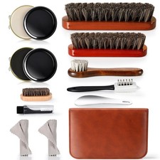 11Pcs Leather Shoe Shine Kit for Men Women - 3 Horsehair Brushes, Black N...