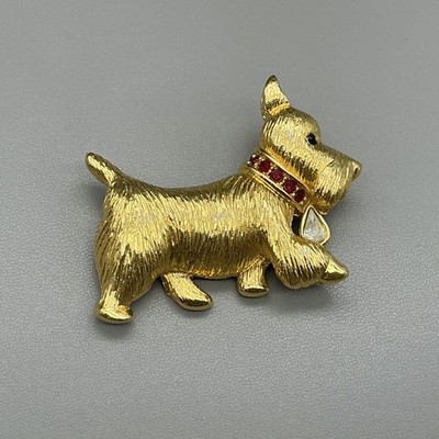 Vintage Napier Brooch Gold Tone Scottie Dog Pin Red Rhinestone Figural Animal 2''