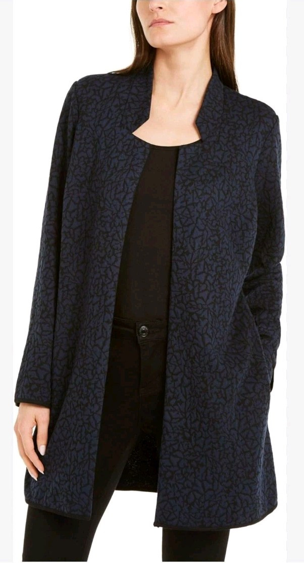 Blazer de carrera Alfani para mujer azul marino frente abierto chaqueta larga talla mediana usado en excelente estado-image