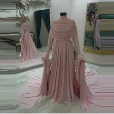 Muslim Chiffon Tiered Ruffles A-line Arab Wedding Dresses High Neck Full Sleeves