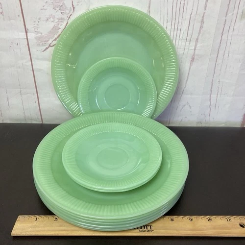 Set of 6 Thin Jadeite 9” Dinner Plates & 3 5.5” Saucers Lot Unmarked Ribbed