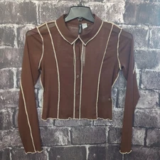 H&M Divided Women's Top Size S Brown Sheer Long Sleeve Button Up Crop     [YY40]
