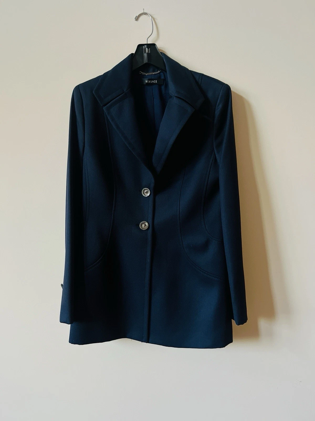Versace giacca donna blu navy blazer elegante business taglia 46 misto lana