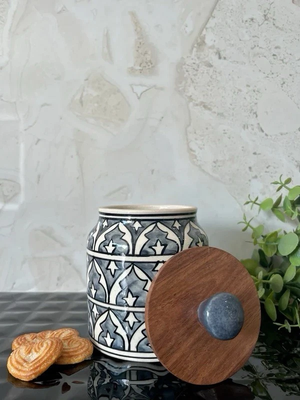 Handmade Ceramic Jar with Lid – Black White Pottery Storage Canister Kitchen