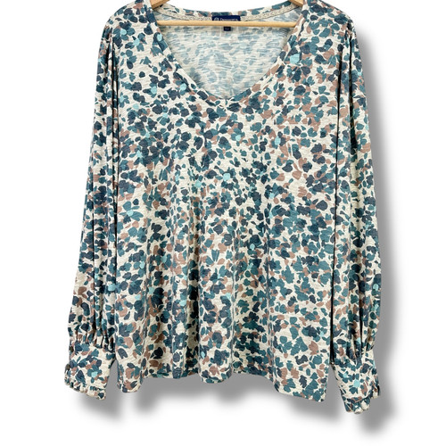 Democracy Wide V-Neck Floral Camo Print Shirt Plus Sz 2X Teal Mocha Long Sleeve